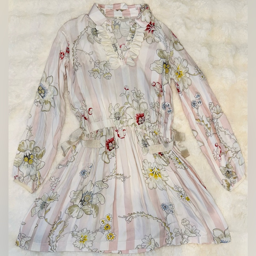 Fendi Logo Pink Floral Striped Long Sleeve Dress Ruffle Neck